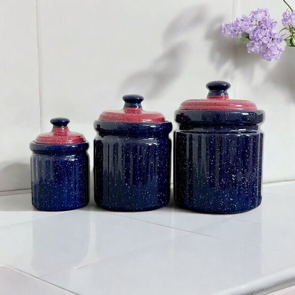 Vintage Blue and Red Speckled Cookie Jar Canister Set of 3 Different Sizes - Picture 1 of 13